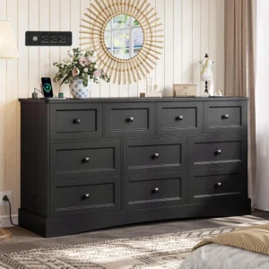 Dresser for Bedroom with Long Drawer Dresser with Charging Station, Farmhouse Dresser Chest of Drawers
